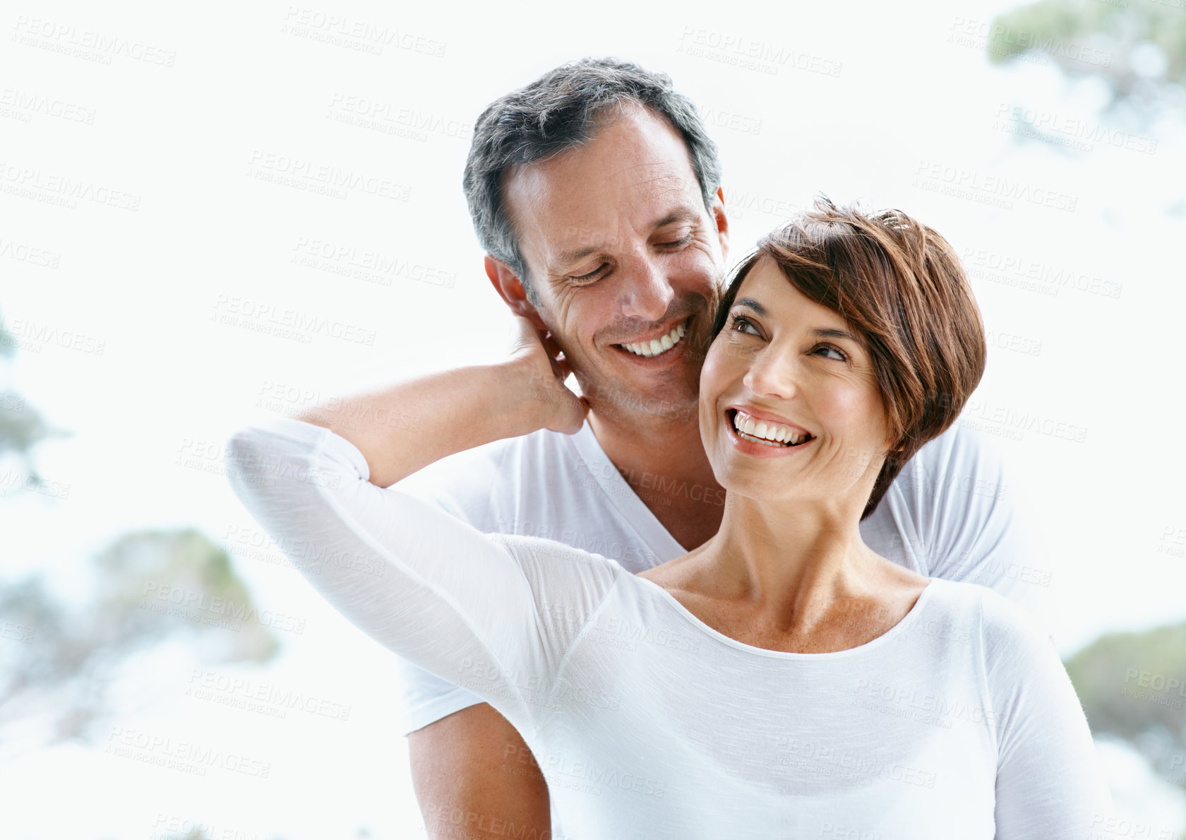 Buy stock photo Hug, morning and smile with couple in home for love, bonding and connection together. Support, wake up and commitment with man and woman outdoor of house for loyalty, care and marriage peace