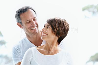 Buy stock photo Love, trust or couple outdoor with trip, healthy relationship or bonding together on summer holiday. Smile, mature man or woman in nature with care, romantic connection or happy moment on getaway.