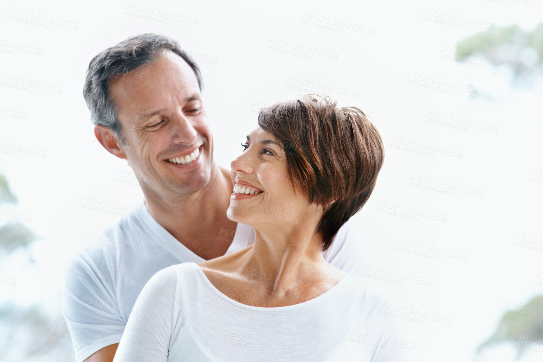 Buy stock photo Love, trust or couple outdoor with trip, healthy relationship or bonding together on summer holiday. Smile, mature man or woman in nature with care, romantic connection or happy moment on getaway.