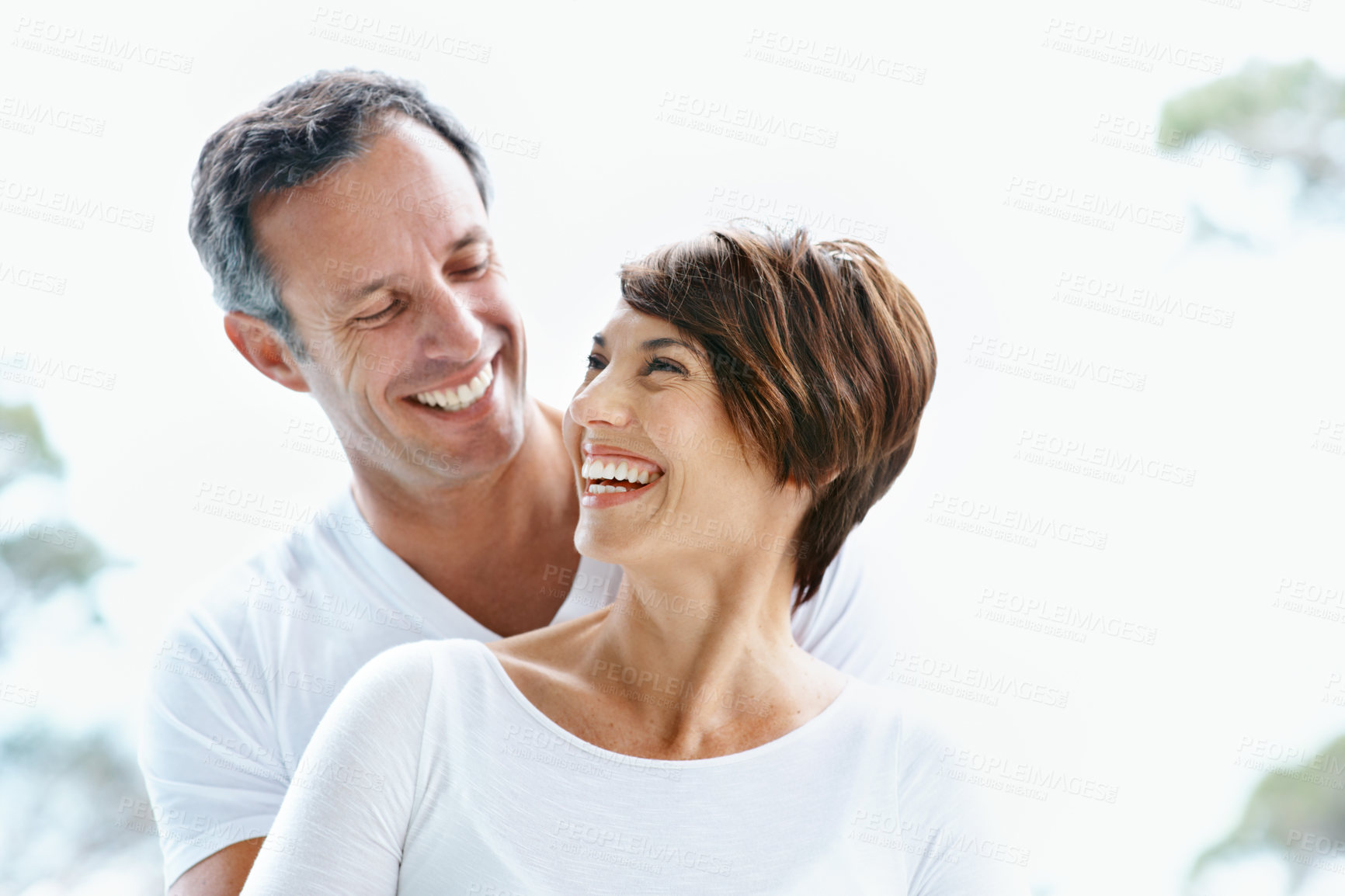 Buy stock photo Love, laugh or couple outdoor with trip, healthy relationship or bonding together on summer holiday. Smile, mature man or woman in nature with care, romantic connection or happy moment on getaway.
