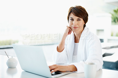 Buy stock photo Woman, portrait and laptop in home for remote work, research and connectivity for productivity. Employee, computer or smile in living room space to start day, email feedback and logging on in morning
