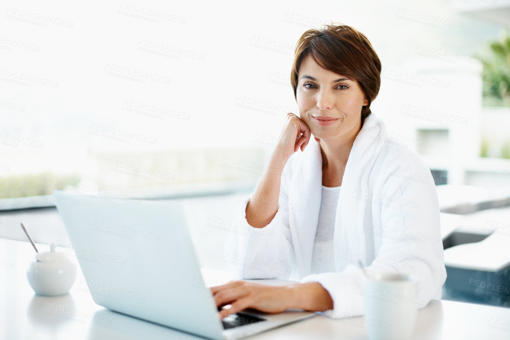 Buy stock photo Woman, portrait and laptop in home for remote work, research and connectivity for productivity. Employee, computer or smile in living room space to start day, email feedback and logging on in morning