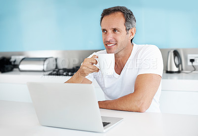 Buy stock photo Thinking, coffee and mature man with laptop in home for morning news, internet connection and idea. Happy person, technology and online for planning, relax and drinking hot beverage in house