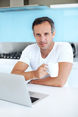 Buy stock photo Portrait, coffee and mature man with laptop in home for morning news, internet connection and browsing. Male person, technology and online for email, relax and drinking hot beverage in house