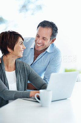 Buy stock photo Laptop, smile and couple in home with conversation on finance, savings or investment planning. Happy, talking and man with woman on computer for financial blog for online budget tips in apartment.