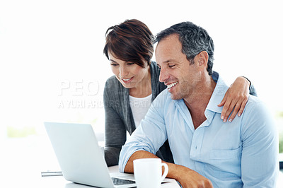 Buy stock photo Financial planning, online and happy couple with laptop in home, asset management or info on website. Tax, research and people with technology for budget review, space and risk assessment in house