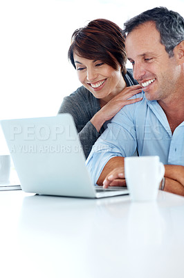 Buy stock photo Financial planning, research and happy couple with laptop in home, asset management and info on web. Reading, tax strategy and people with tech for budget review, online and risk assessment in house