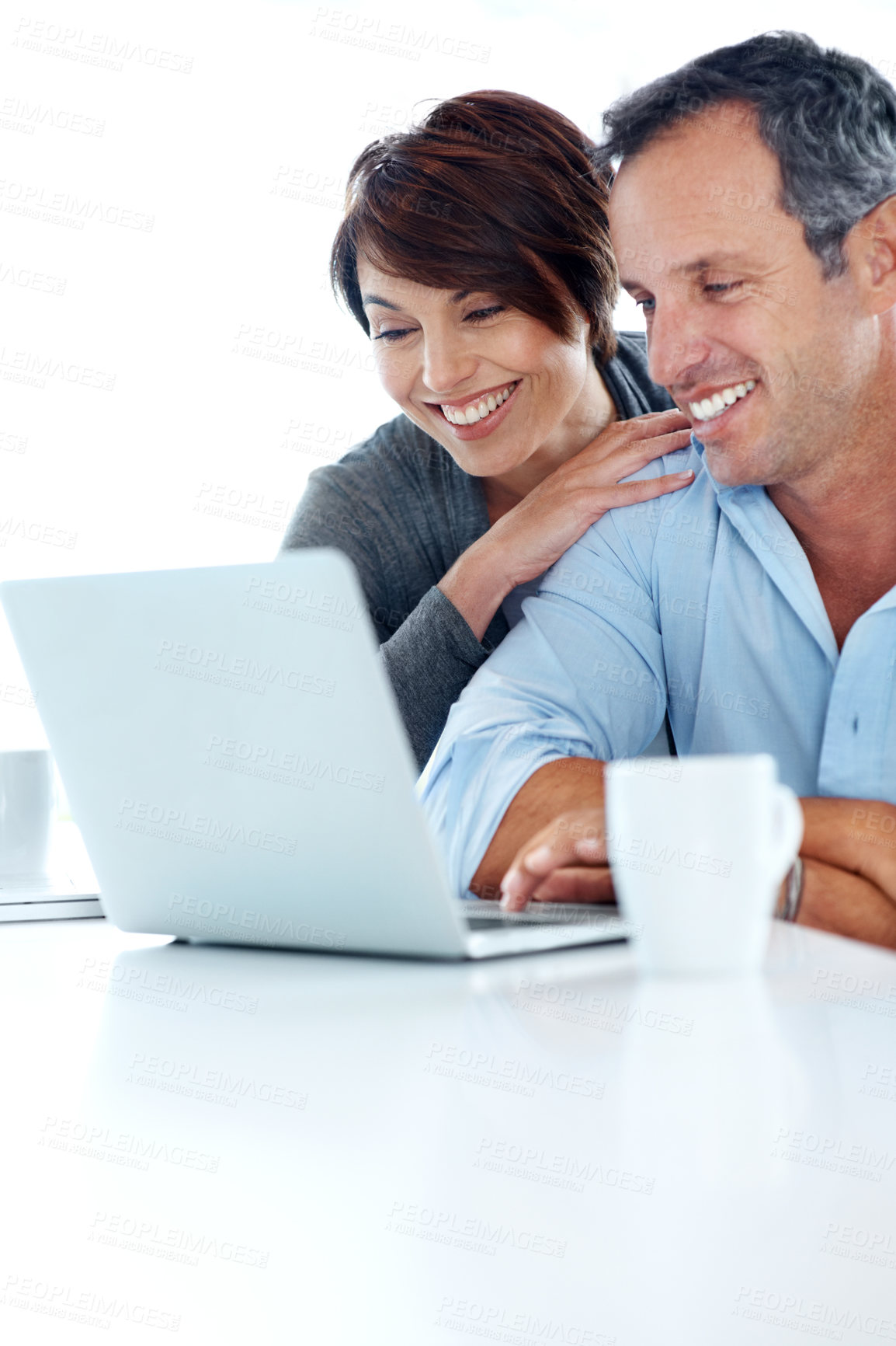 Buy stock photo Financial planning, research and happy couple with laptop in home, asset management and info on web. Reading, tax strategy and people with tech for budget review, online and risk assessment in house