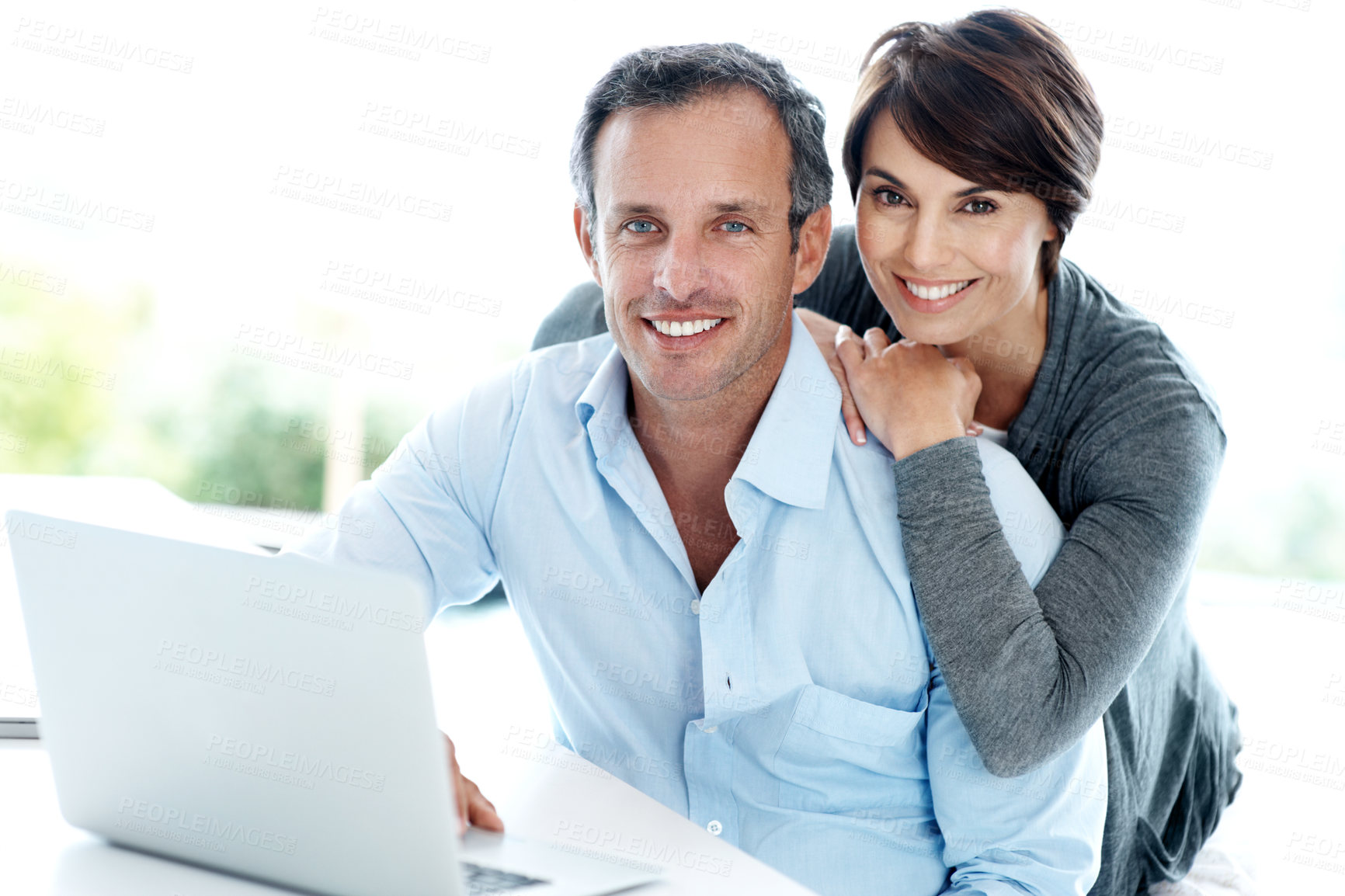 Buy stock photo Portrait, smile and laptop with couple in home for online booking, travel planning and bonding. Digital reservation, tourism research and flight schedule with man and woman in  apartment for love