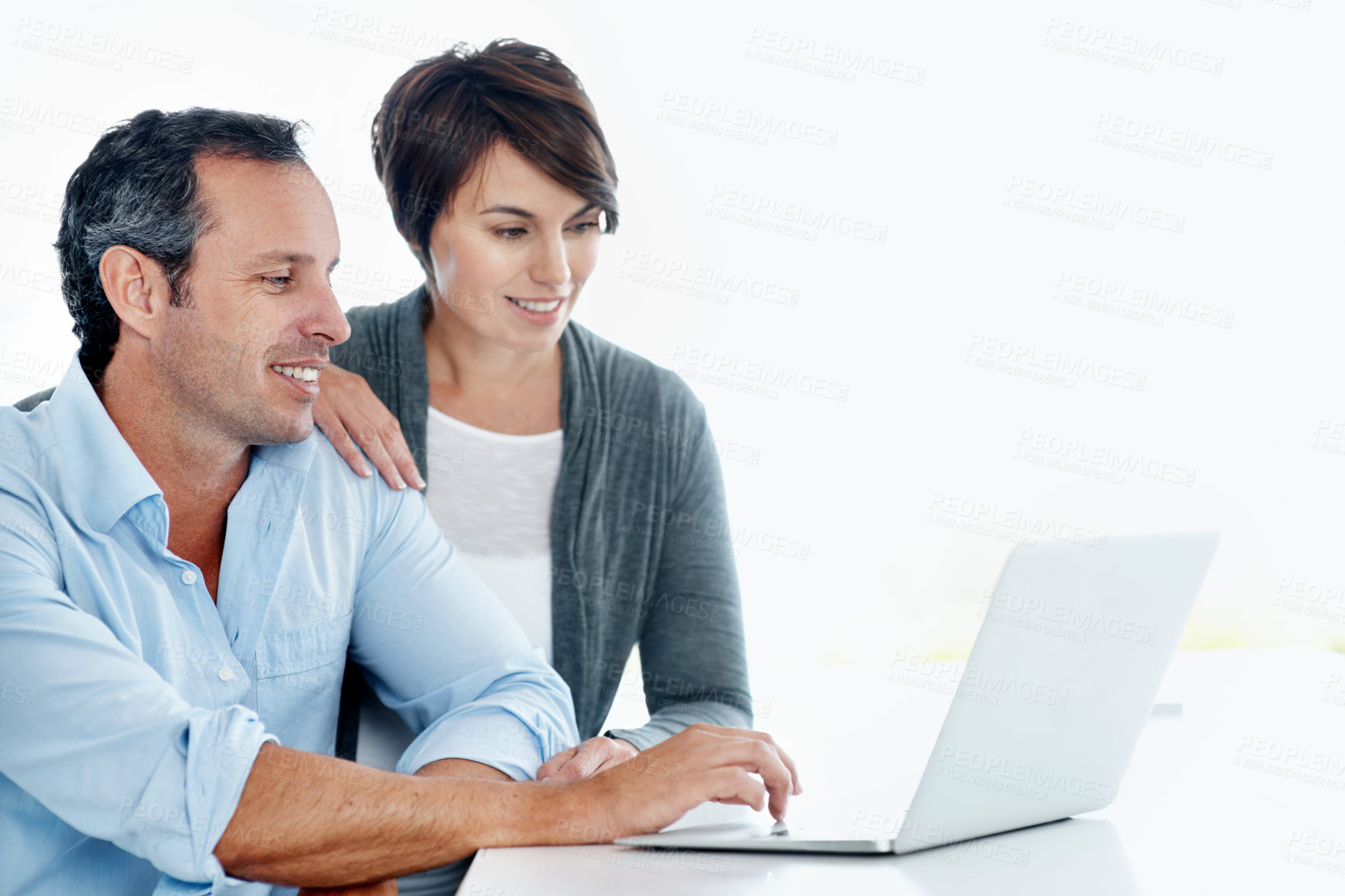 Buy stock photo Research, happy or couple in house with laptop, trip plan or holiday selection on travel booking site. Smile, mature man or woman with tech, vacation review or resort decision on tourist platform.