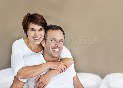 Buy stock photo Thinking, morning and relax with couple in bedroom for romance, valentines day and marriage. Vision, getaway and space with mature man and woman in home or staycation for anniversary retreat and love