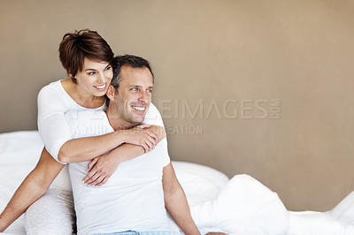 Buy stock photo Thinking, morning and smile with couple in bedroom for romance, valentines day and marriage. Vision, getaway and space with mature man and woman in home or staycation for anniversary retreat and love
