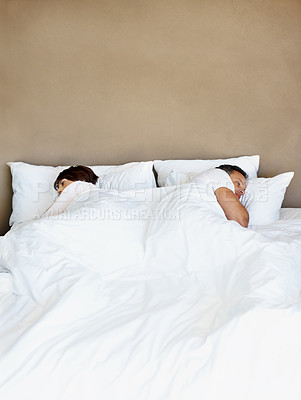 Buy stock photo Couple, ignore and upset in bed with disagreement, conflict with thinking of mistake or space in relationship at home. Man, woman and problem in marriage, questioning commitment or risk of divorce
