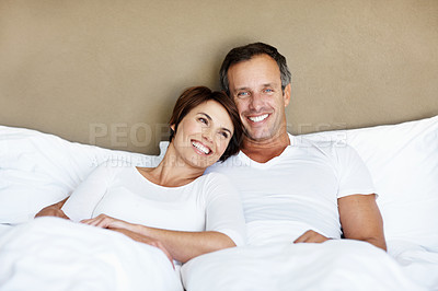 Buy stock photo Relax, morning and love with couple in bedroom for romance, valentines day and marriage. Portrait, getaway and care with man and woman in home or staycation for anniversary retreat and smile