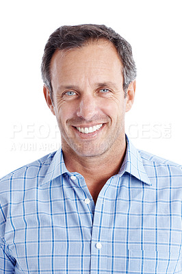 Buy stock photo Confident, portrait and businessman with smile in studio, paraplanner or ambitious for career growth. Happy, financial advisor and mature person with pride, white background and job experience in USA