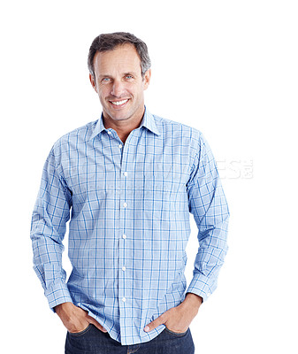 Buy stock photo Wellness, portrait and happy man in studio with optimism, good mood and upbeat in wellbeing. Delight, space and mature person with smile, confidence and positive attitude on white background.