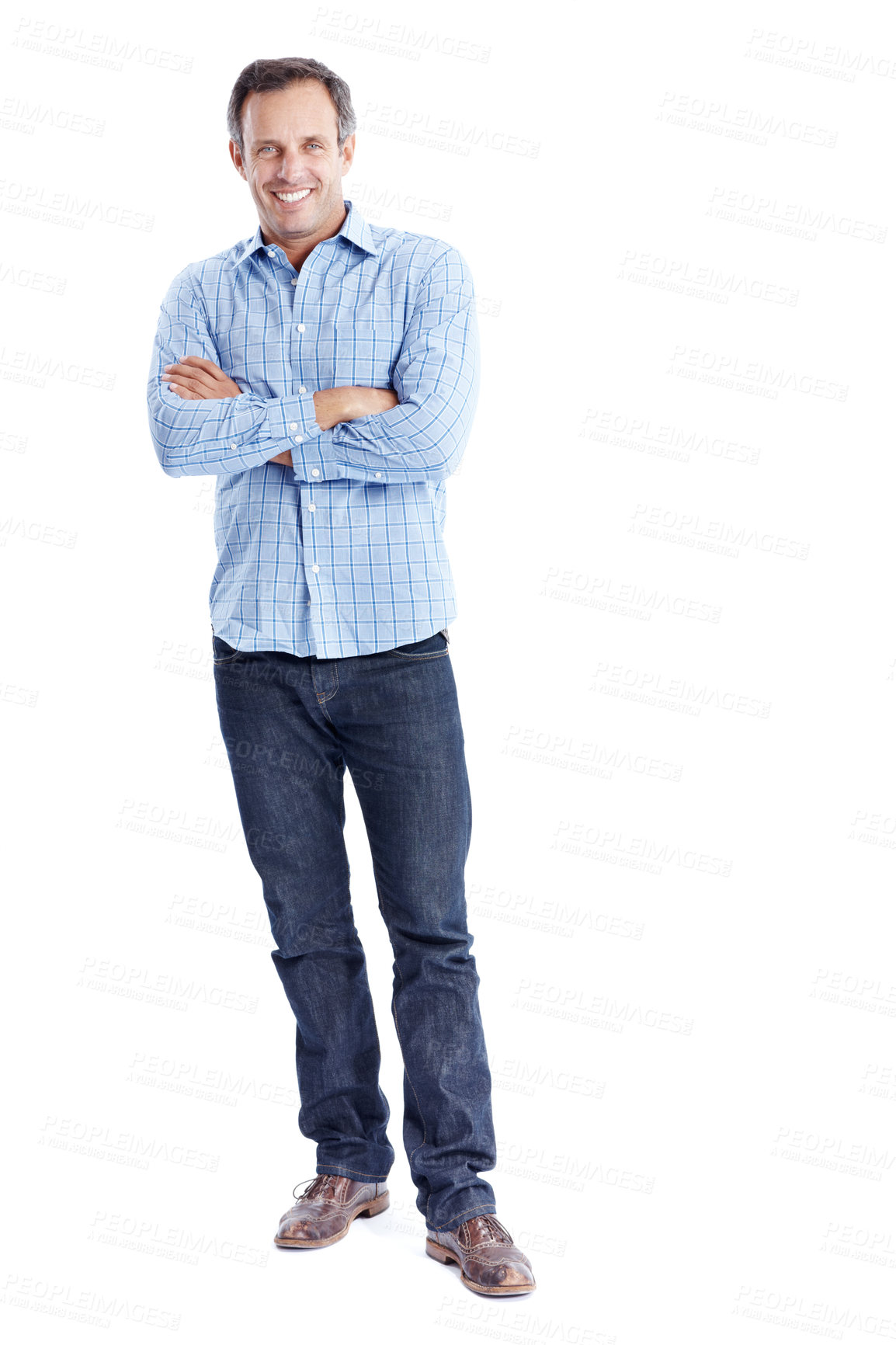 Buy stock photo Smile, studio and business man with confidence, marketing director and brand development. Arms crossed, happy and mature person, portrait or advertising manager on white background with mockup space