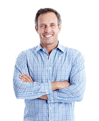 Buy stock photo Happy, portrait and businessman with arms crossed in studio, paraplanner and pride for career growth. White background, financial advisor and mature person with smile and job experience in Canada