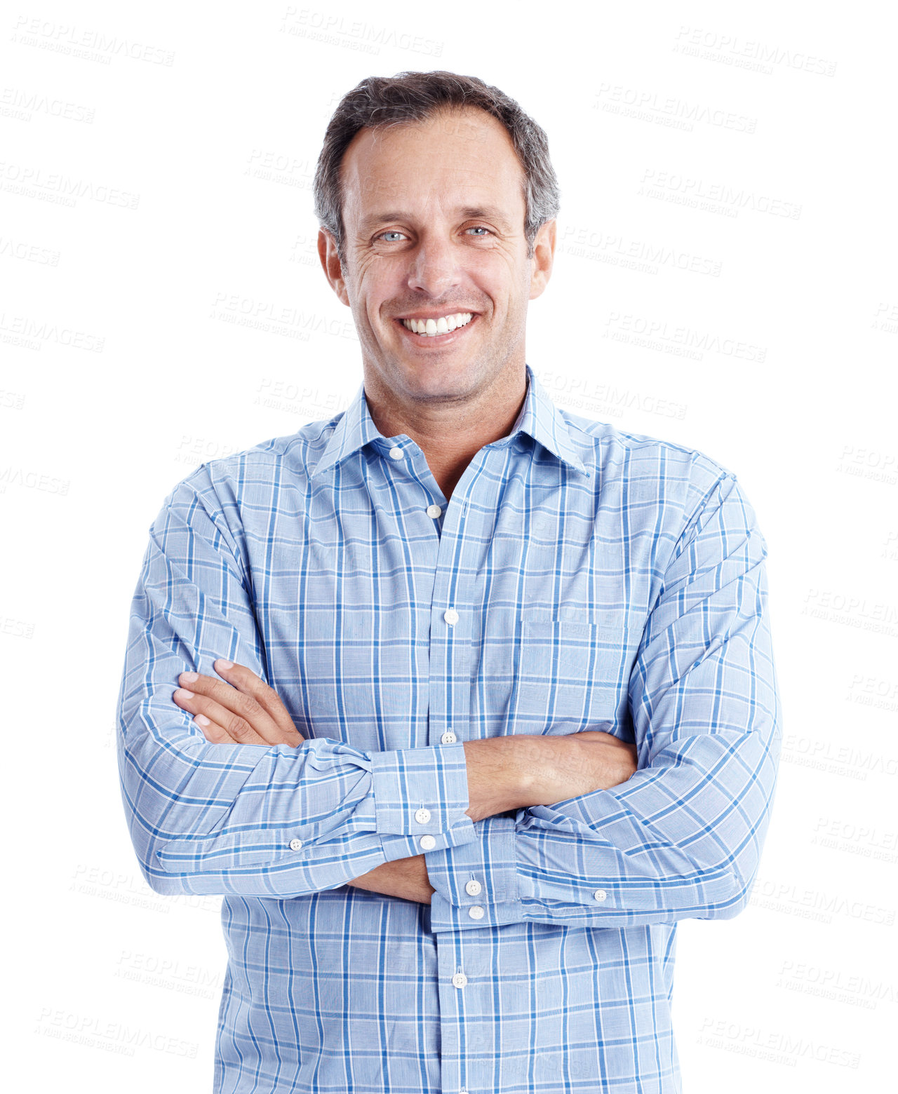 Buy stock photo Happy, portrait and businessman with arms crossed in studio, paraplanner and pride for career growth. White background, financial advisor and mature person with smile and job experience in Canada