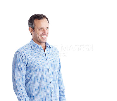 Buy stock photo Thinking, business and man in studio with smile, planning and inspiration for real estate. Mockup space, mature person and happy with vision, problem solving and property auction on white background
