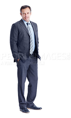 Buy stock photo Corporate, studio and business man with confidence, investment treasurer and portrait on mockup space. Pride, happy and mature person, about us or financial executive with suit on white background
