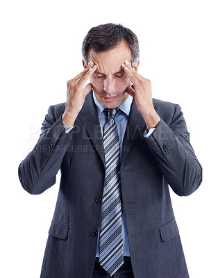 Buy stock photo Businessman, headache and stress in studio with financial crisis, burnout or frustrated for bad economy. Tired, mature person and migraine with pain, debt risk and inflation issue on white background