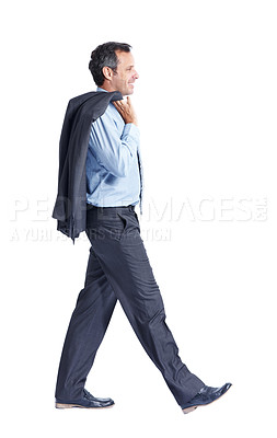 Buy stock photo Formal, fashion and businessman with style in studio for corporate clothing on a white background. Male person, employee or walking with shirt or confidence for business attire or outfit on space