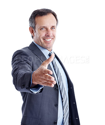 Buy stock photo Portrait, businessman and handshake in studio with smile, investment opportunity or contract deal. Happy, mature person or investor shaking hands for meeting, offer or cooperation on white background