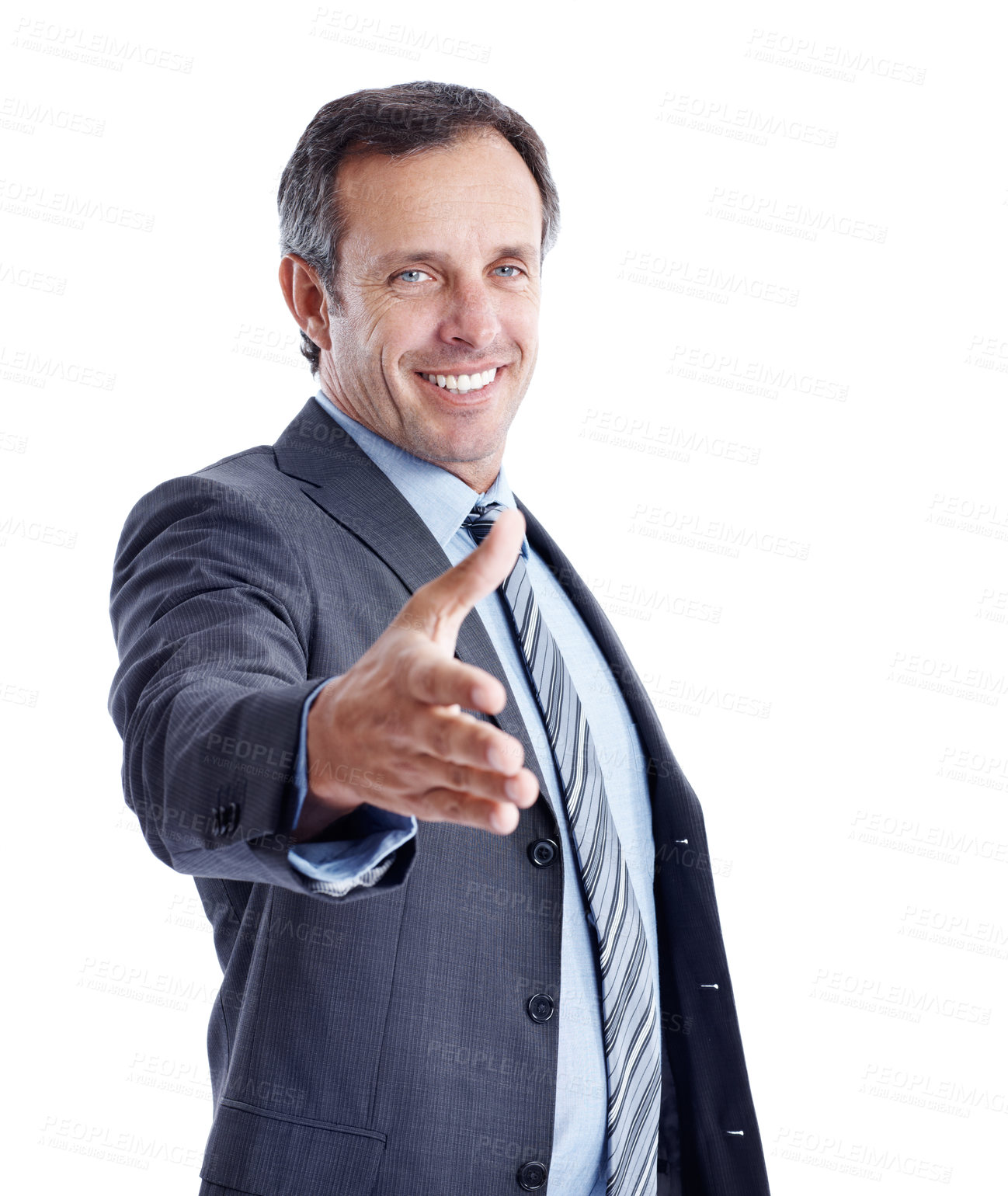 Buy stock photo Portrait, businessman and handshake in studio with smile, investment opportunity or contract deal. Happy, mature person or investor shaking hands for meeting, offer or cooperation on white background