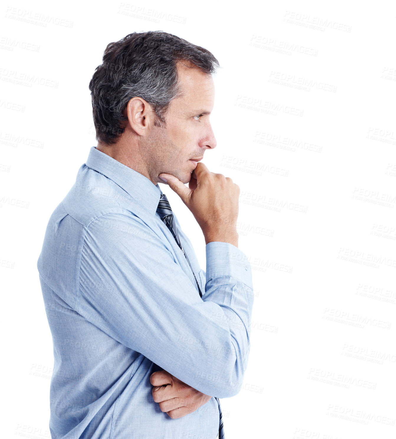 Buy stock photo Man, thinking or professional in studio for business, development ideas or investment planning. Mature investor, profile or choice on white background space for opportunity, company vision or finance