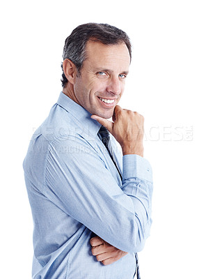 Buy stock photo Business, man and arms crossed in portrait in studio, legal consultant or attorney with pride. Professional person, corporate lawyer and space for confidence and career, smile and white background