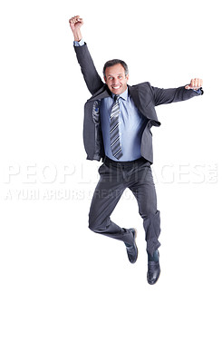 Buy stock photo Portrait, businessman or studio with jump in air for winning or job promotion on a white background. Happy, man or employee with smile or fist pump for victory, business achievement or bonus on space