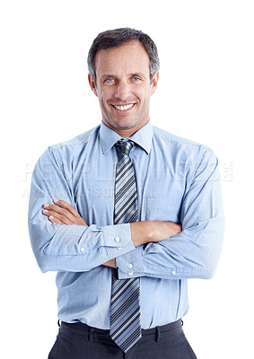 Buy stock photo Business, portrait or man with arms crossed, about us or investment specialist in finance. Smile, ambition or mature wealth consultant with confidence, pride or asset manager on studio background.