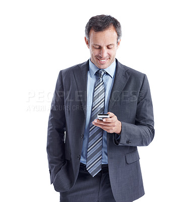 Buy stock photo Happy man, reading and phone in studio for business, realtor schedule or booking confirmation. Mature estate agent, mobile and smile on white background space for contact, calendar update or network