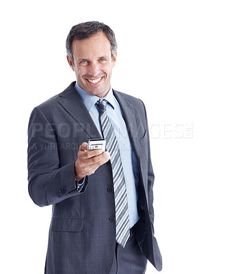 Buy stock photo Happy man, portrait and phone in studio for business, realtor schedule or booking confirmation. Mature estate agent, mobile and smile on white background space for contact, calendar update or network