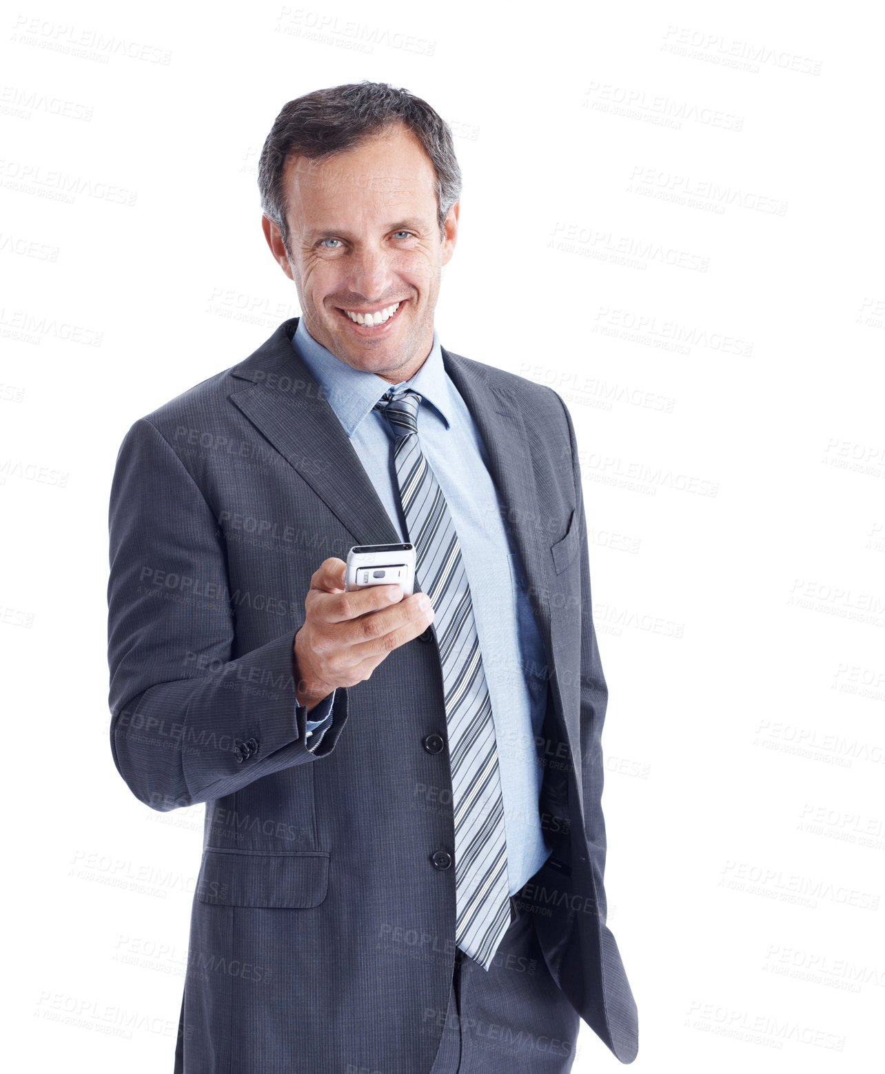 Buy stock photo Happy man, portrait and phone in studio for business, realtor schedule or booking confirmation. Mature estate agent, mobile and smile on white background space for contact, calendar update or network
