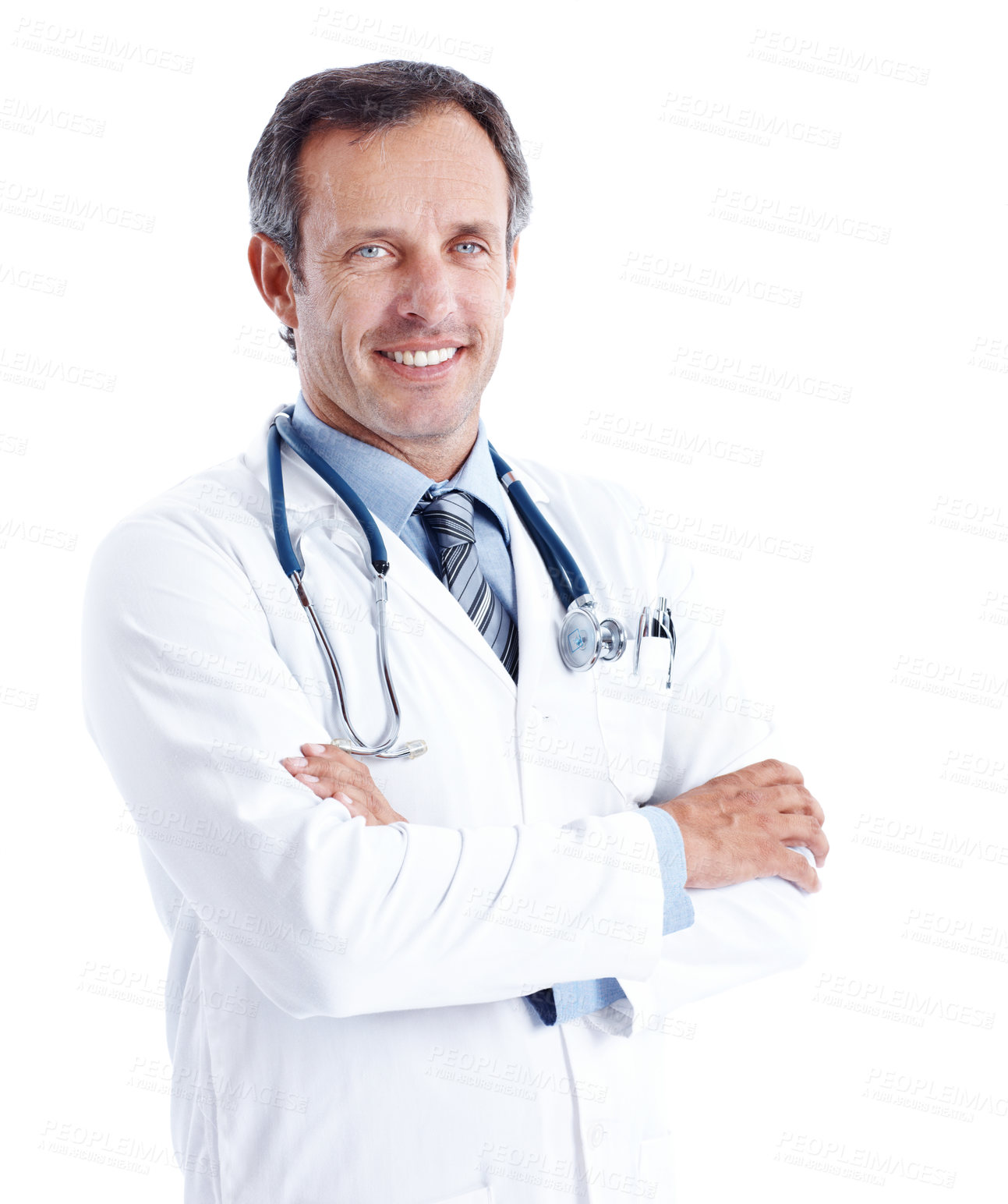 Buy stock photo Portrait, doctor and man in studio with arms crossed, medical service and smile for career development. Happy, worker and mature person with healthcare job, pride and confidence on white background.