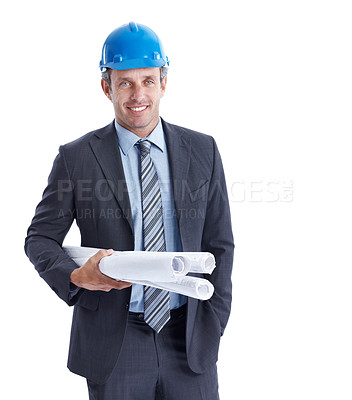 Buy stock photo Portrait, architect and man with blueprint in studio for construction project, about us or development. Smile, engineer and mature person with paperwork for building design on white background space