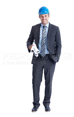 Buy stock photo Portrait, architect and happy man with blueprint in studio, construction development and confident. Smile, engineer and mature person with paperwork for building design on white background space