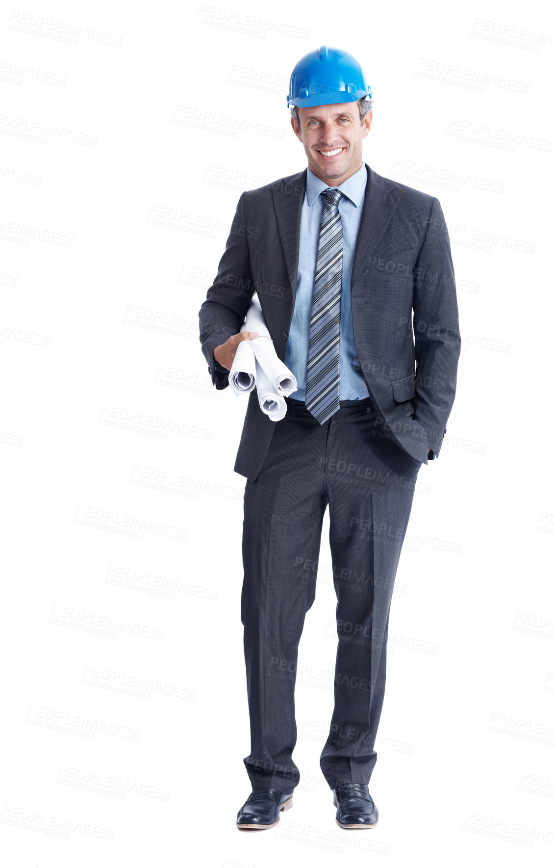 Buy stock photo Portrait, architect and happy man with blueprint in studio, construction development and confident. Smile, engineer and mature person with paperwork for building design on white background space