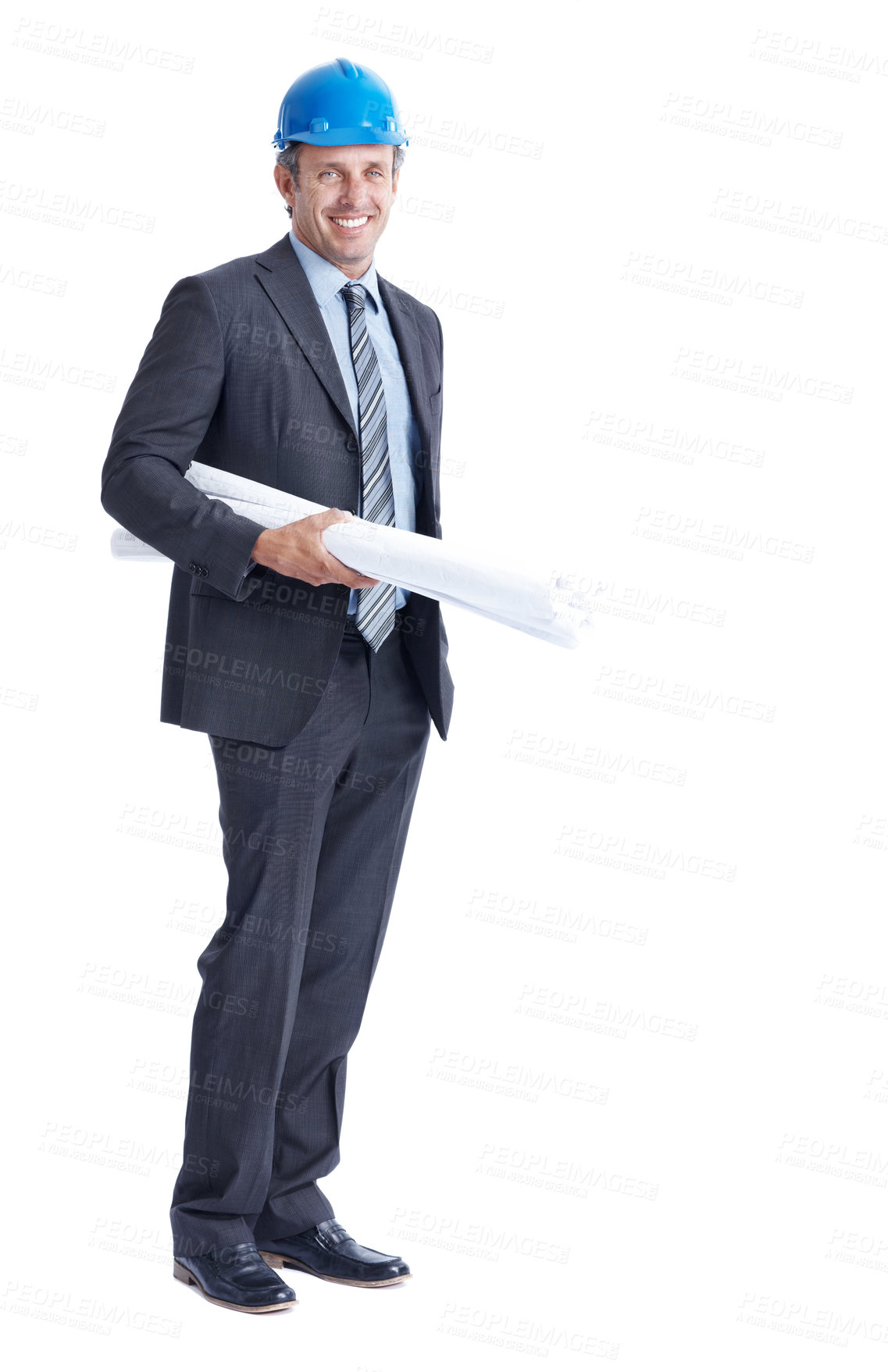 Buy stock photo Portrait, engineer and happy man with blueprint in studio, construction development and confident. Smile, architect and mature person with paperwork for building design on white background space