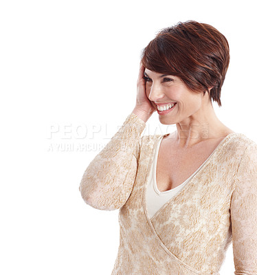 Buy stock photo Beauty, woman or smile with haircare in studio for healthy texture, pixie haircut or volume. Mockup, person or happy on white background for short hairstyle results, salon transformation or grooming