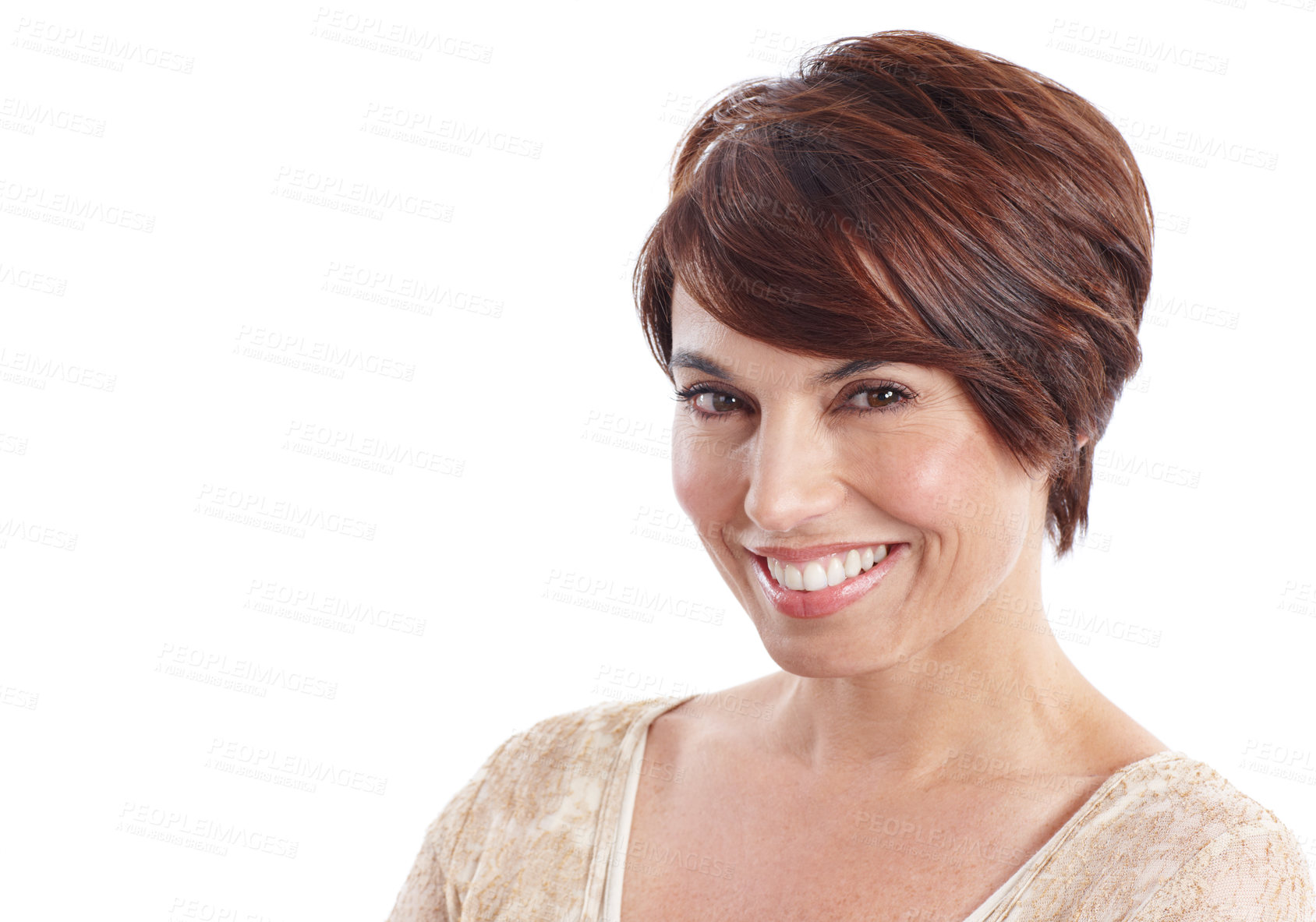 Buy stock photo Wellness, portrait and happy woman in studio with feel good, positive attitude or optimism in wellbeing. Delight, space or female person with smile, confidence and satisfaction on white background.