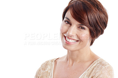 Buy stock photo Wellness, portrait and happy woman with feel good, positive attitude and optimism in wellbeing. Delight, space and female person with smile, confidence and satisfaction on studio background.