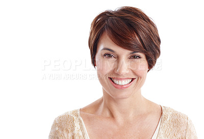 Buy stock photo Wellness, portrait and happy woman in studio with positive attitude, good mood and optimism in wellbeing. Delight, space and female person with smile, confidence and satisfaction on white background.