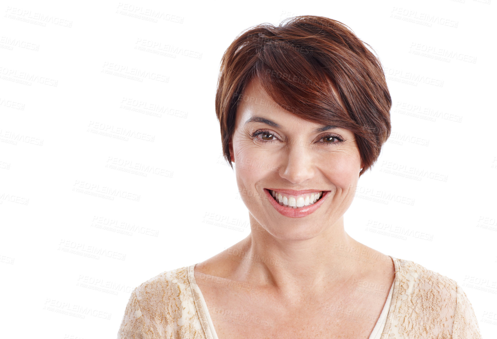 Buy stock photo Wellness, portrait and happy woman in studio with positive attitude, good mood and optimism in wellbeing. Delight, space and female person with smile, confidence and satisfaction on white background.