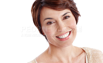 Buy stock photo Wellness, portrait and happy woman in studio with optimism, good mood and upbeat in wellbeing. Delight, space and female person with smile, confidence and positive attitude on white background.