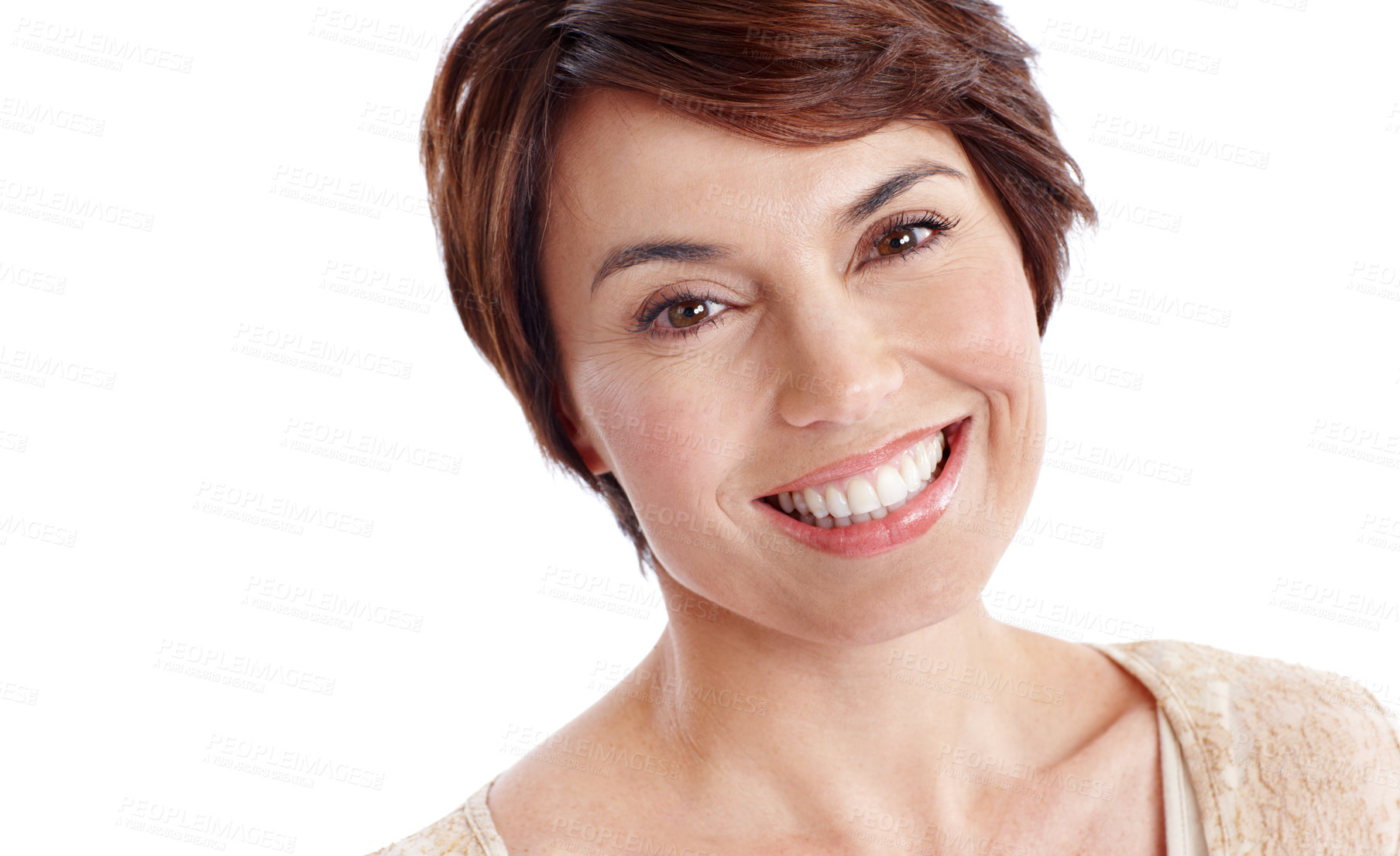 Buy stock photo Wellness, portrait and happy woman in studio with optimism, good mood and upbeat in wellbeing. Delight, space and female person with smile, confidence and positive attitude on white background.