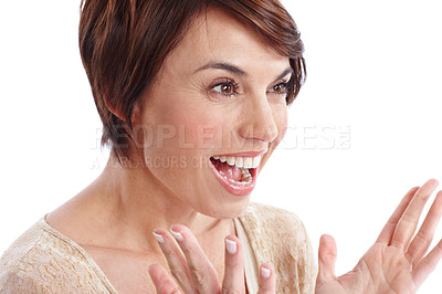 Buy stock photo Excited, woman and surprise in studio with smile, promotion announcement or wow for notification of sale. Happy, female person and shock for good news, discount and amazing offer on white background.