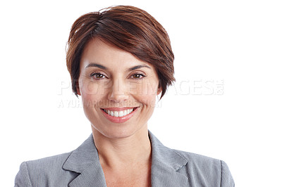 Buy stock photo Business, woman and smile in portrait in studio, legal consultant or attorney with pride. Professional female person, corporate lawyer and space for confidence and career, happy and white background